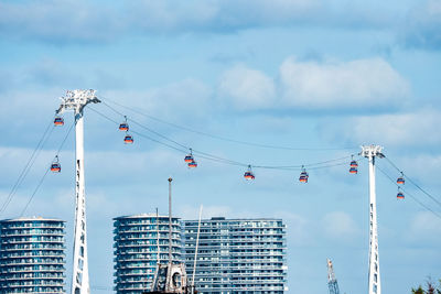 View of the emirates cable car in london england across river thames.