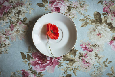 Poppy on a plate on a flowered background