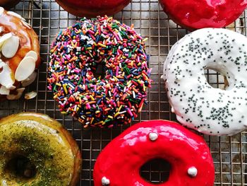 High angle view of donuts