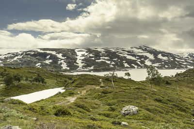 Scenic view of snowcapped mountains against sky