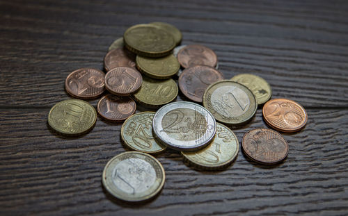 High angle view of coins on table