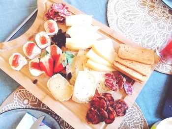 High angle view of breakfast served on table