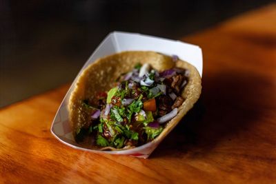 High angle view of salad in bowl on table
