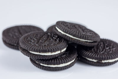 Close-up of cookies against white background