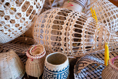 Close-up of wicker basket for sale in market