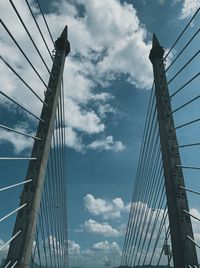 Low angle view of suspension bridge against cloudy sky