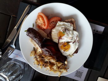 High angle view of food in plate on table