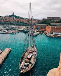 High angle view of ship moored at harbor