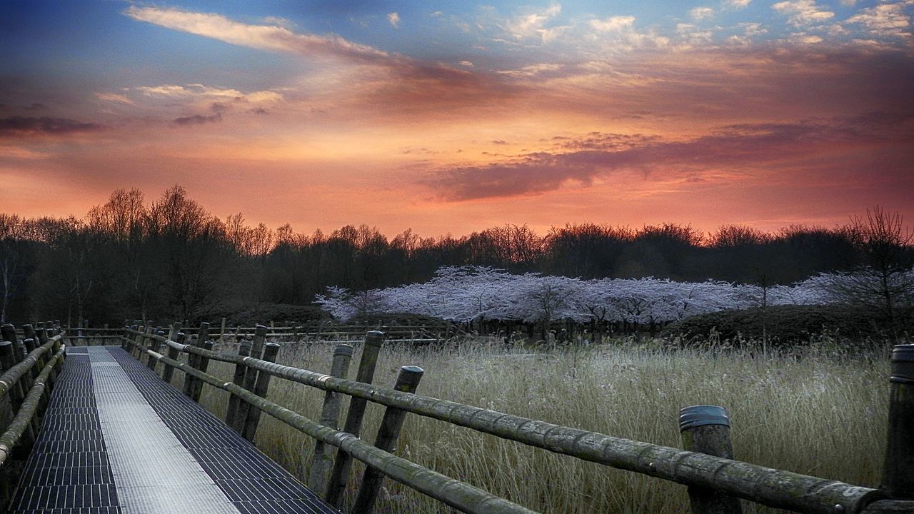 sky, cloud - sky, railing, sunset, tranquil scene, tranquility, scenics, beauty in nature, tree, nature, water, fence, weather, cloudy, pier, the way forward, lake, idyllic, cloud, wood - material