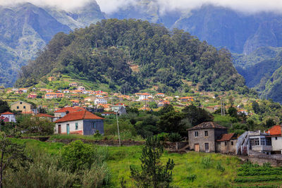 Houses by trees and mountains against sky