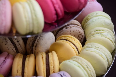 Close-up of colorful macaroons in plate