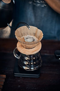 High angle view of coffee cup on table