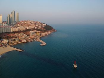 High angle view of sea against clear sky