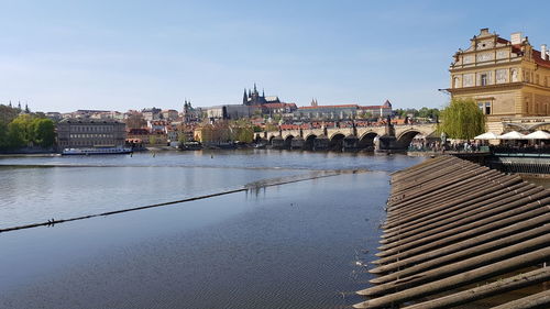 Bridge over river by buildings in city against sky