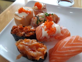 Close-up of sushi served in plate