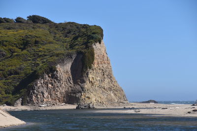 Rock formations on shore against clear sky