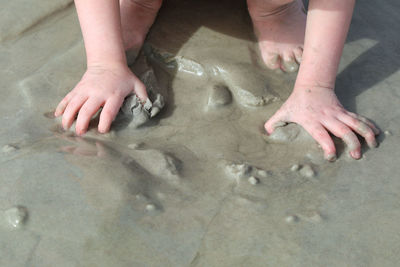 Low section of person feet on sand at beach