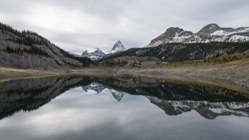 Prominent mountain reflecting in alpine lake during overcast day, pano, mt assiniboine pp, canada