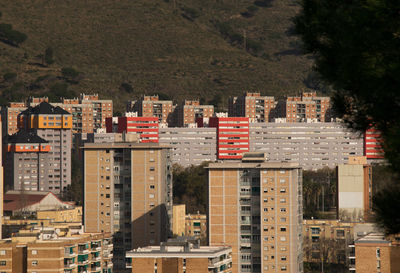 High angle view of buildings in city