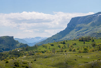 Scenic view of field and mountains against sky