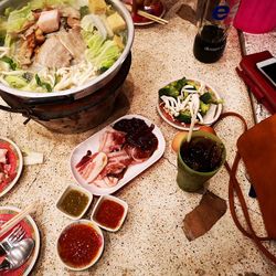 High angle view of food on table