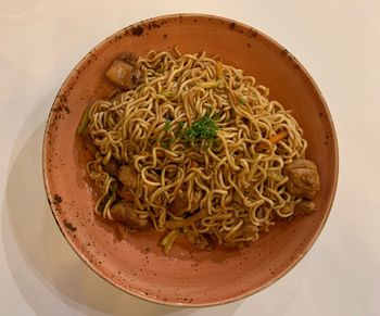 High angle view of noodles in bowl on table