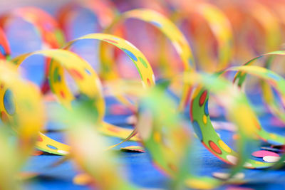 Full frame shot of multi colored confetti and streamers on blue table