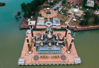 High angle view of mosque over lake
