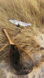 High angle view of fishing net on beach