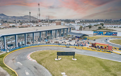 Lima, asia, 2022. aerial top view of the kartodromo racing dakart. canete, asia, peru.