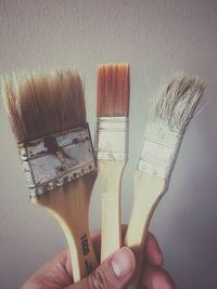 Close-up of hand holding paintbrushes