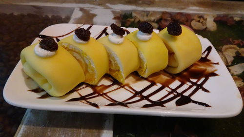 Close-up of cake in plate on table