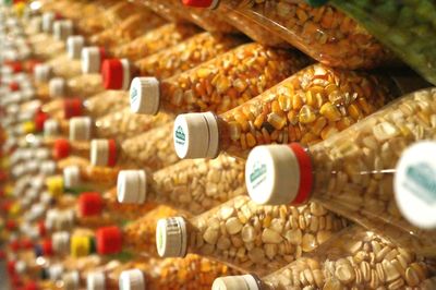Detail shot of corns in bottles