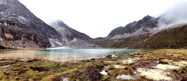 Scenic view of lake and mountains against sky