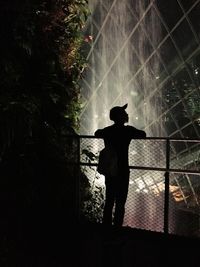 Silhouette boy standing against trees at night