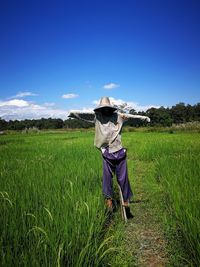 Scarecrow on grassy field against blue sky