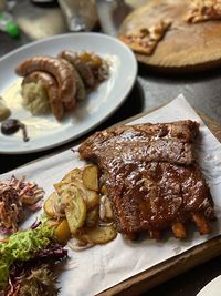 High angle view of meal served on table