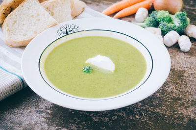 High angle view of soup in bowl on table