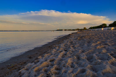 Scenic view of beach against sky during sunset