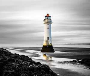 Lighthouse by sea against sky