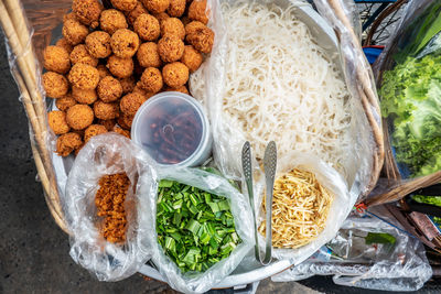 High angle view of food for sale at market stall