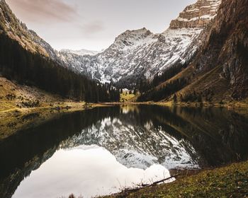 Scenic view of lake by snowcapped mountains against sky