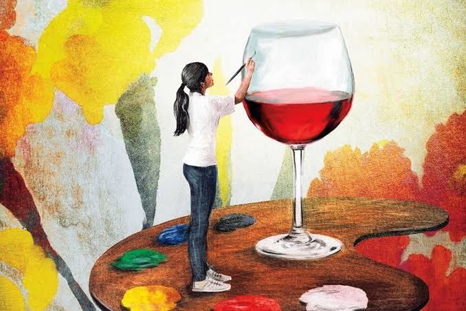one person, standing, creativity, wineglass, wine, art and craft, full length, young adult, paintings, adult, alcohol, indoors, paint, brush, refreshment, casual clothing, red wine, paintbrush, red, glass, mural