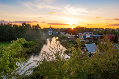 Beautiful orange sunset in the ancient russian city of suzdal. 