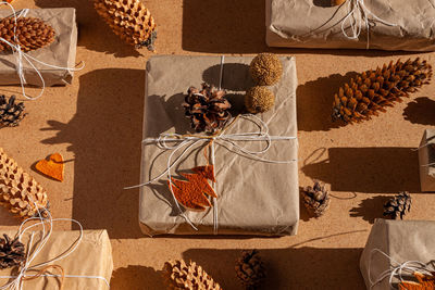 High angle view of christmas decorations on table