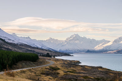 Scenic view of lake and mountains against sky