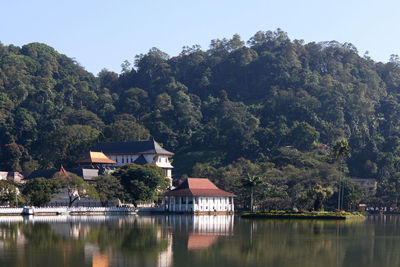 Houses by lake against clear sky