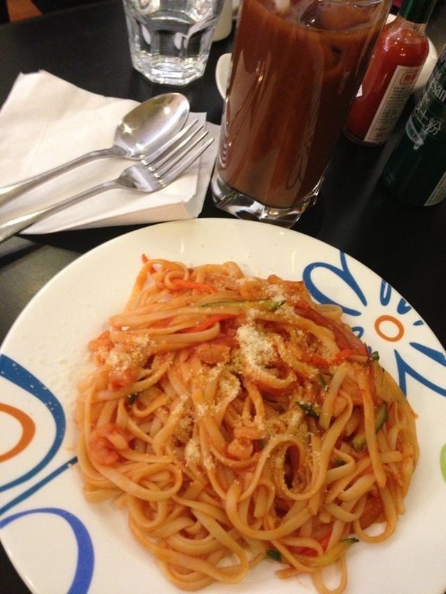 food and drink, food, indoors, freshness, ready-to-eat, plate, meal, still life, table, serving size, healthy eating, close-up, noodles, meat, fork, bowl, high angle view, spoon, indulgence, restaurant