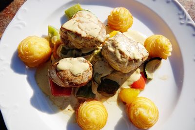 High angle view of pork tenderloin in plate