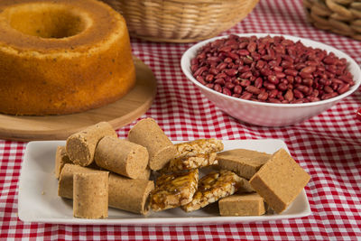 High angle view of bread in basket on table